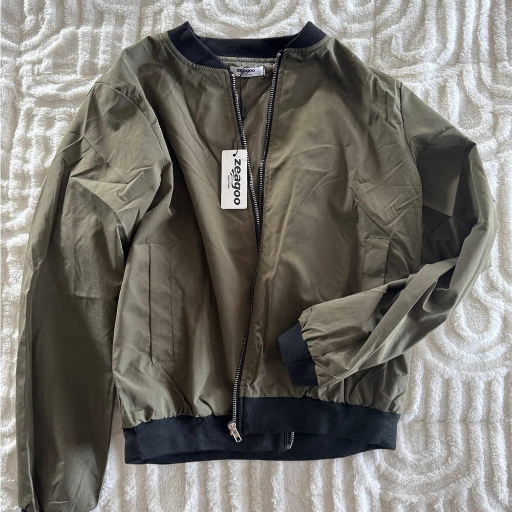 Olive Bomber Jacket with Black Trim